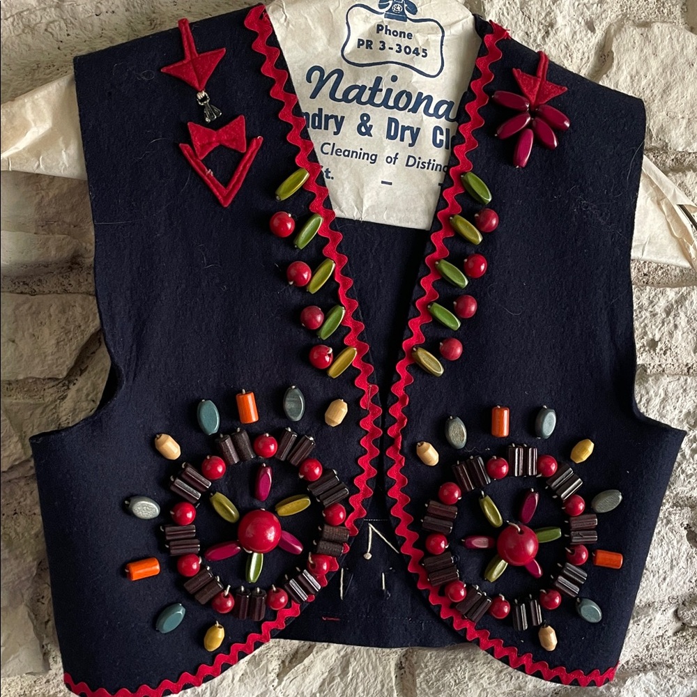 Vintage Embellished Navy Campfire Vest with Colorful Beads.